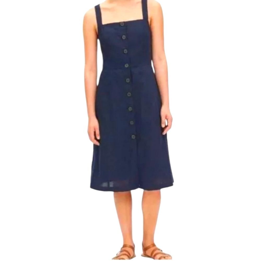 Gap Linen Dress Navy Blue Apron Sleeveless Midi Cottagecore Prairie Scandi Euro